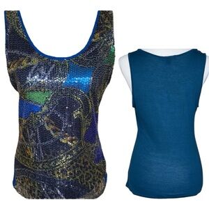 S.Point Leopard & Scrolled Sequin Sleeveless Tank Top Multi Blue Green Gold Sz L